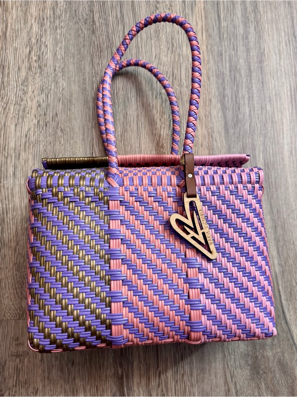 Woven Pink & Purple Tote Bag with Accent Charm